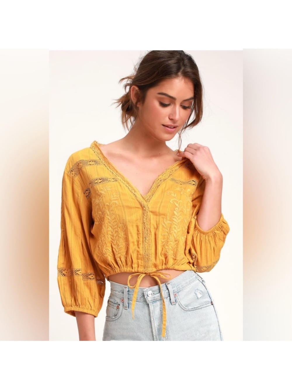 Free People Follow Your Heart Mustard Yellow V-Neck Cropped Blouse